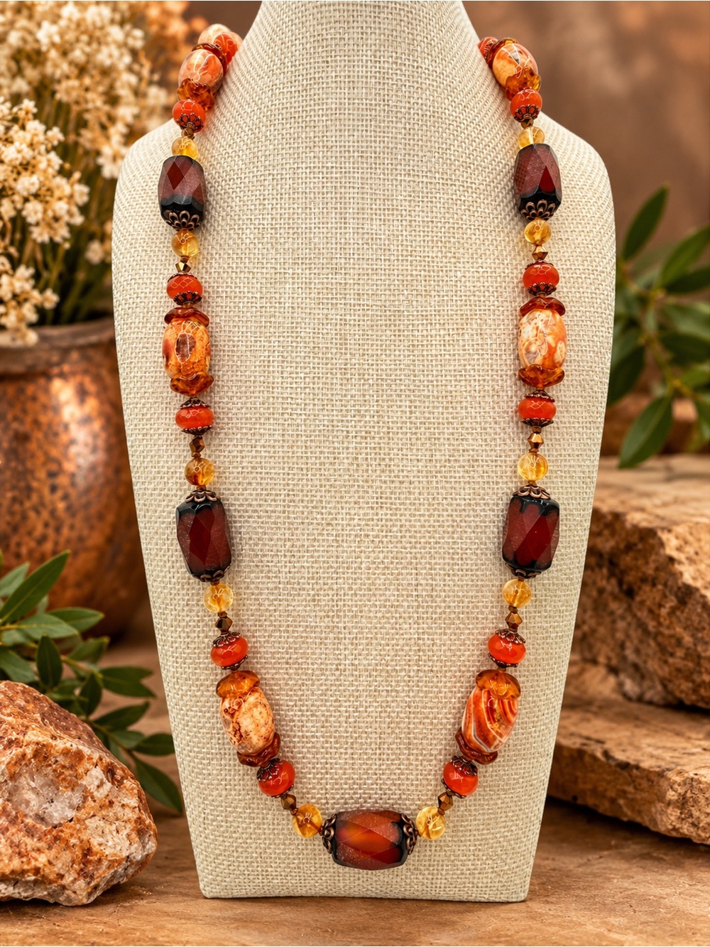 Artisan Hand Knotted Jasper Carnelian Rutilated Quartz Copper Necklace 26” Czech